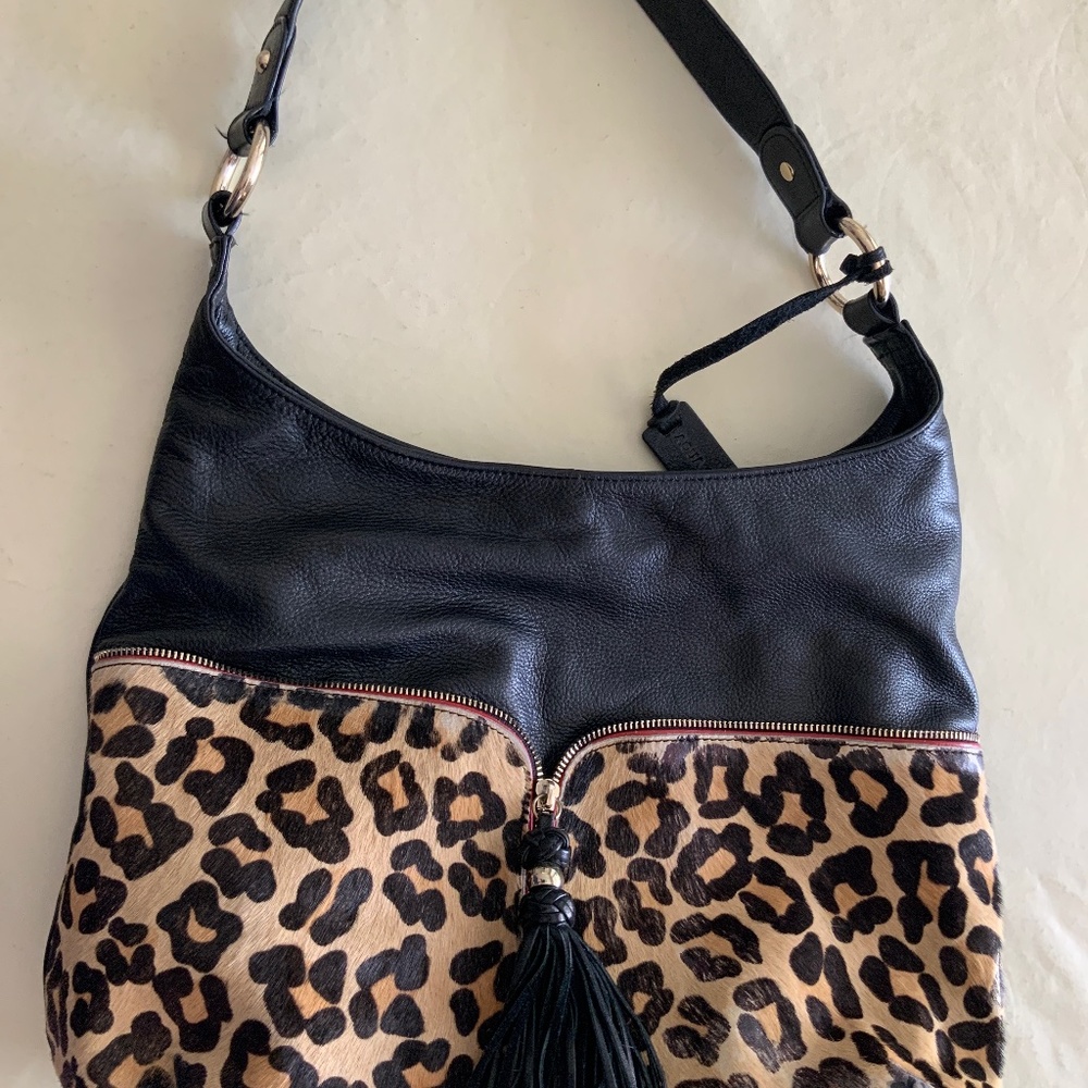 Leather with animal print shoulder bag